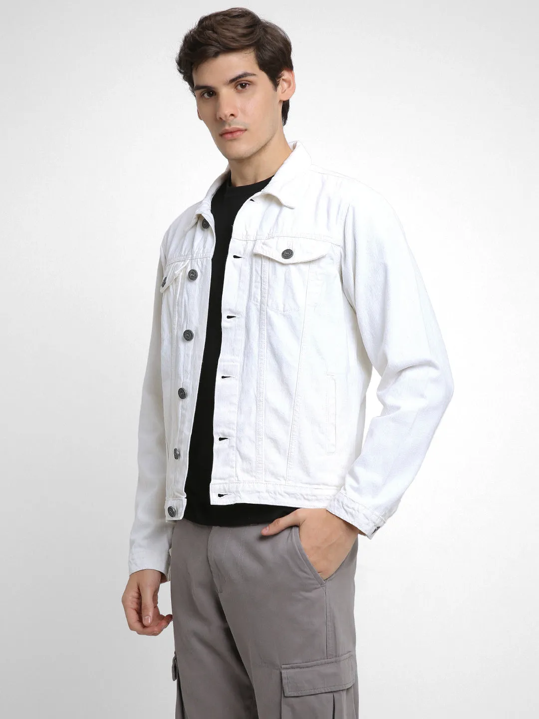 Men's White Washed Regular Fit Fit Collar Full Sleeves Casual Denim Jacket