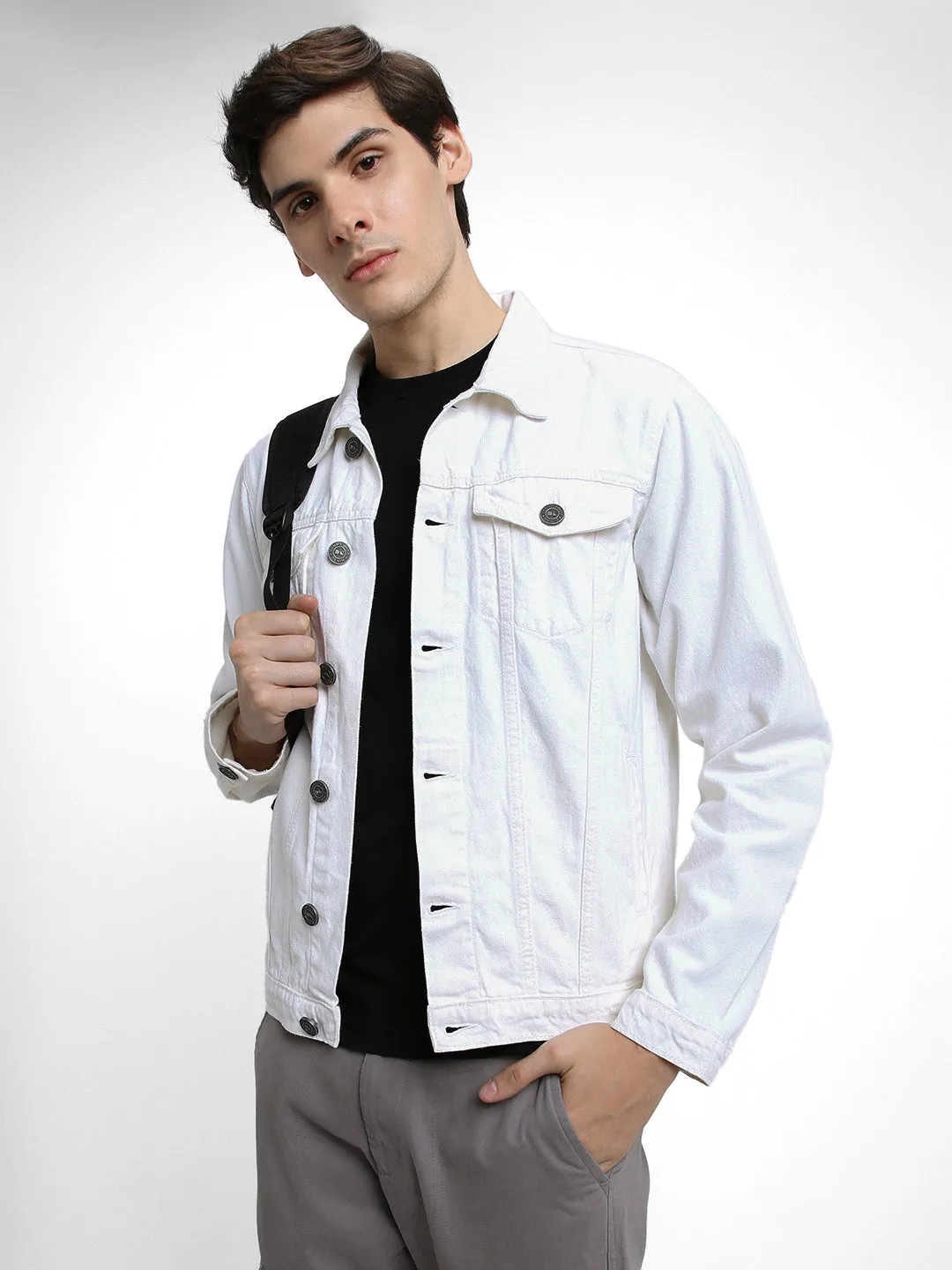 Men's White Washed Regular Fit Fit Collar Full Sleeves Casual Denim Jacket