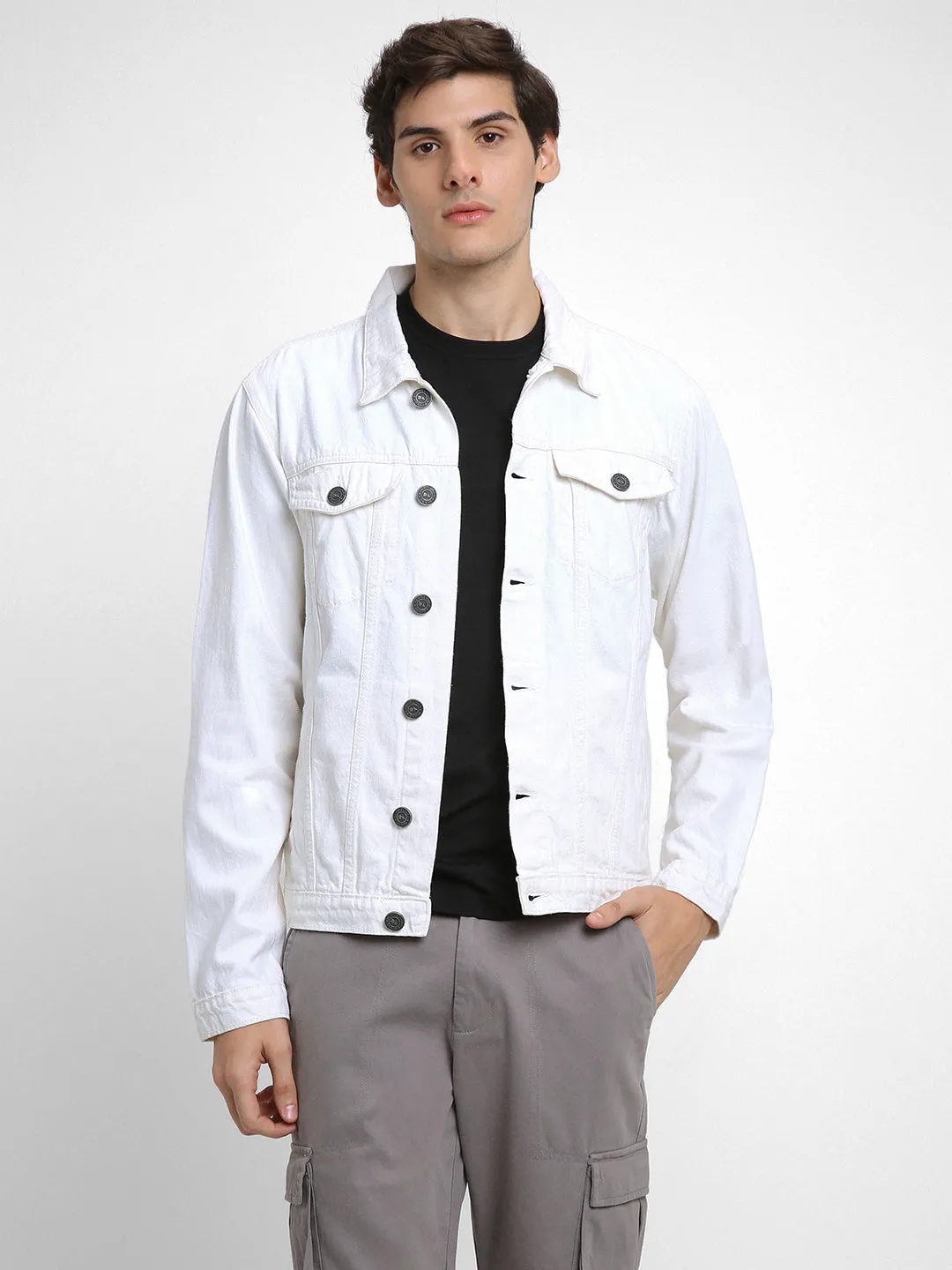 Men's White Washed Regular Fit Fit Collar Full Sleeves Casual Denim Jacket