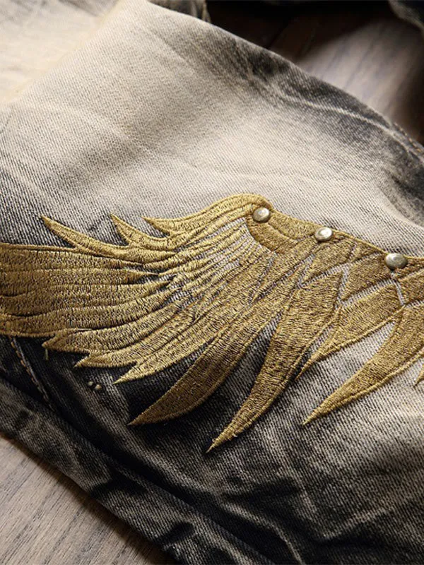 Men's Wing Embroidered Ripped Jeans
