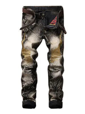 Men's Wing Embroidered Ripped Jeans