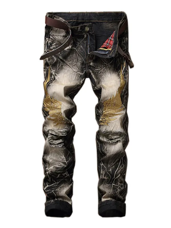 Men's Wing Embroidered Ripped Jeans