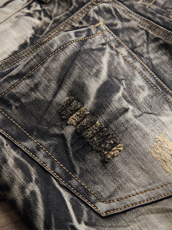 Men's Wing Embroidered Ripped Jeans