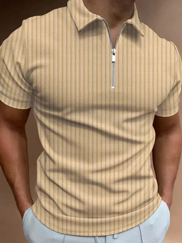 Men's Zipper Striped Short-Sleeved Polo Shirt