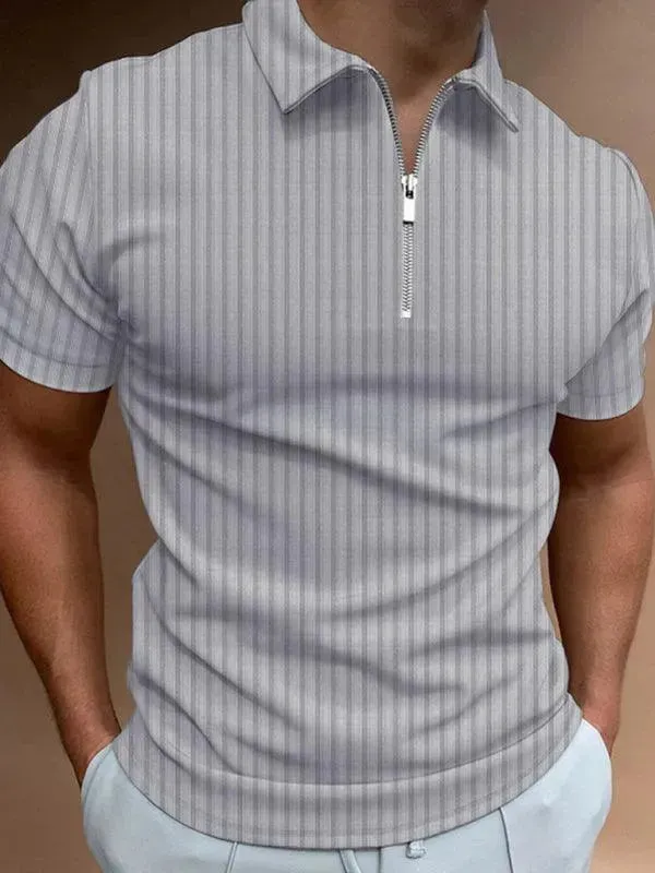 Men's Zipper Striped Short-Sleeved Polo Shirt