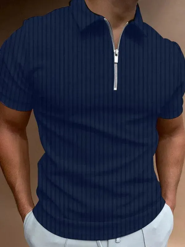 Men's Zipper Striped Short-Sleeved Polo Shirt