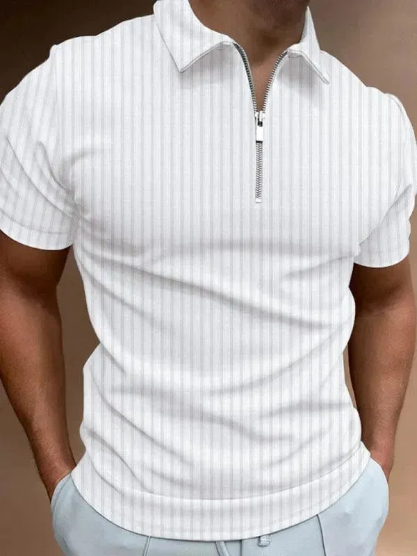 Men's Zipper Striped Short-Sleeved Polo Shirt