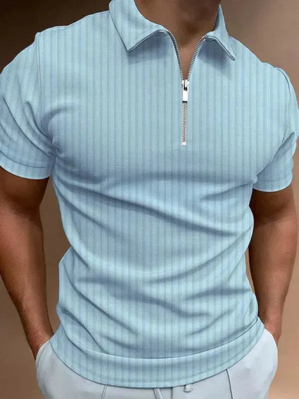 Men's Zipper Striped Short-Sleeved Polo Shirt