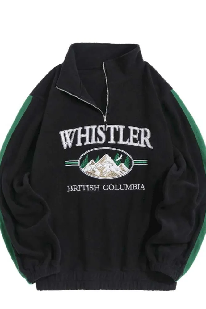 Men's/Women's WHISTLER Letter Embroidery Hoodie – Fall/Winter Fleece Turtleneck Sweatshirt, Vintage Streetwear Pullover, Warm Sweats