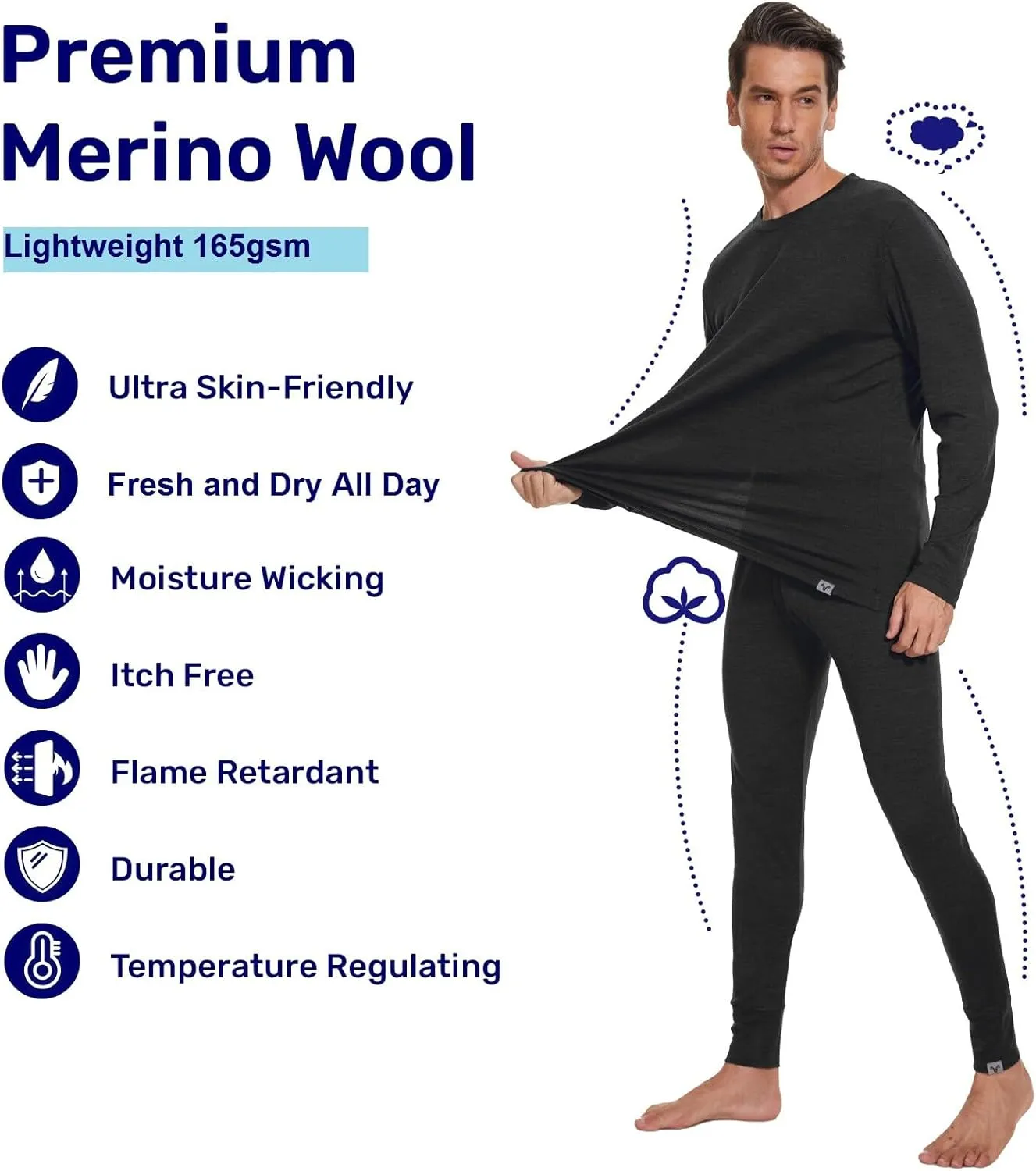 MERINNOVATION Merino Wool Base Layer Set for Men 100% Merino Wool Thermal Underwear Long Sleeve