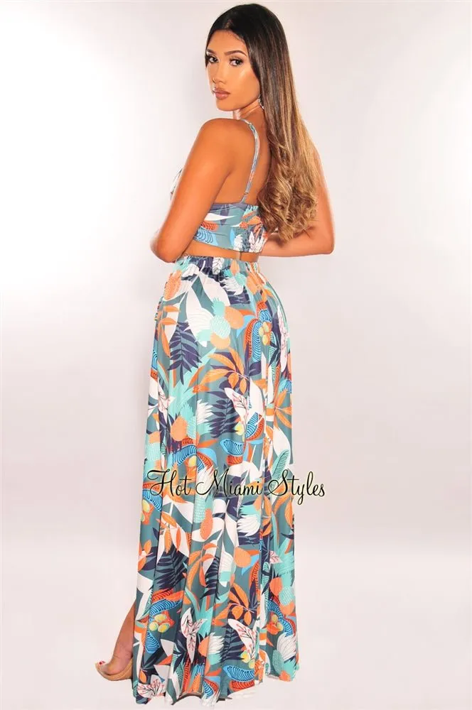 Multi Color Print Tie Up Belted Slit Maxi Skirt Two Piece Set