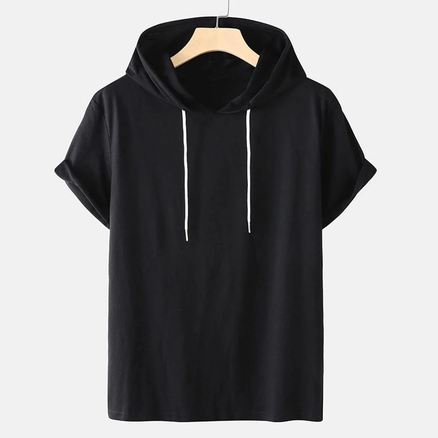 Muscularfit 100% Cotton T Shirts for Men 2024 Summer Short Sleeve Casual Hooded Shirt Loose Fit Solid Drawstring Hoodie Shirt