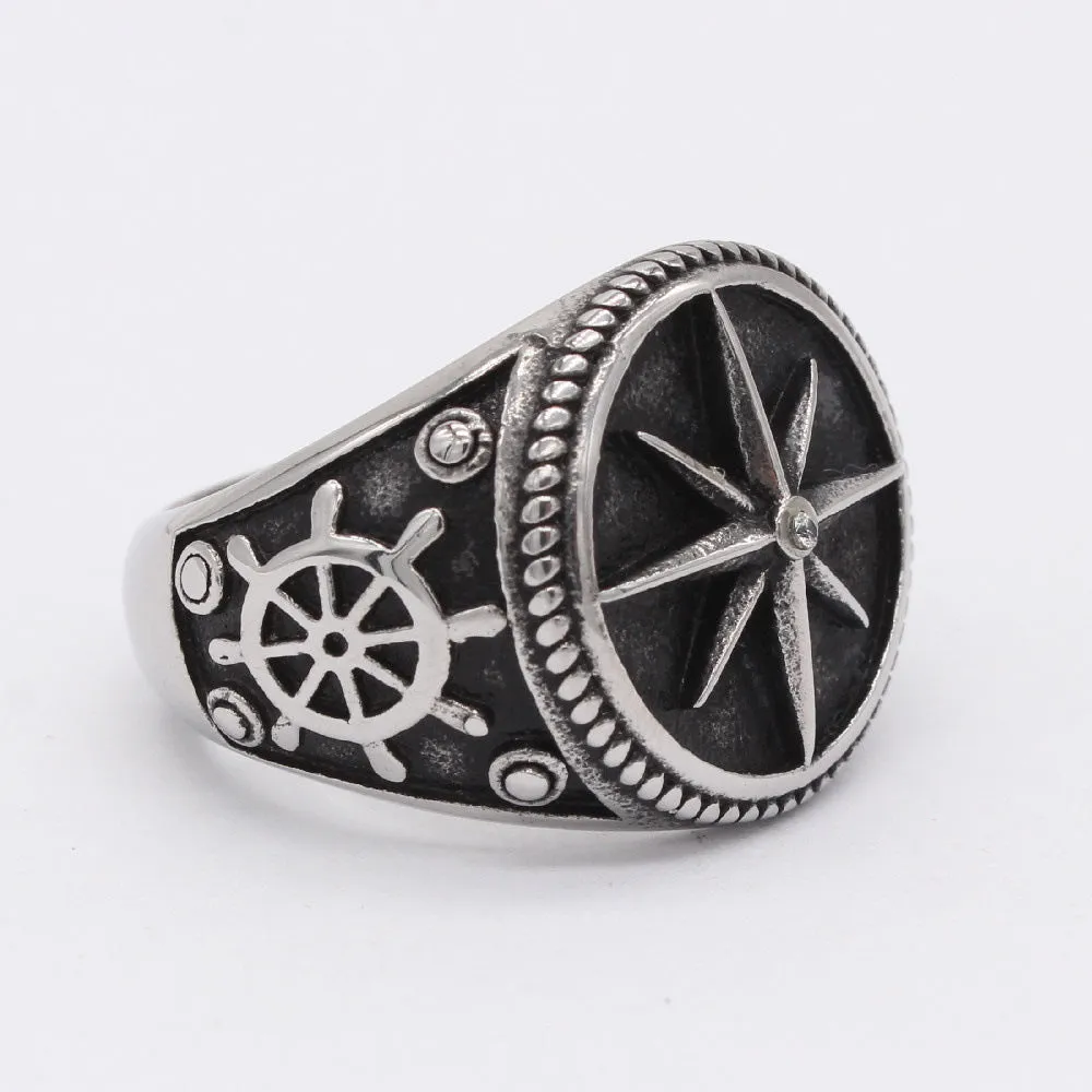 Nautical Vintage Titanium Steel Men's Ring with Ship Anchor and Rudder Design