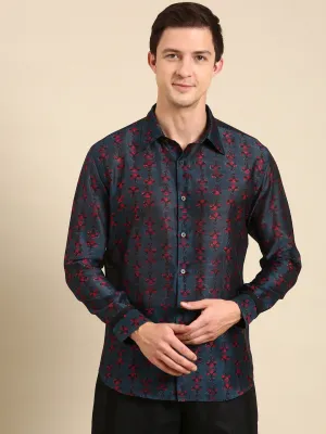 Navy Blue Shirt with Magenta Chanderi Digital Print - MM0846