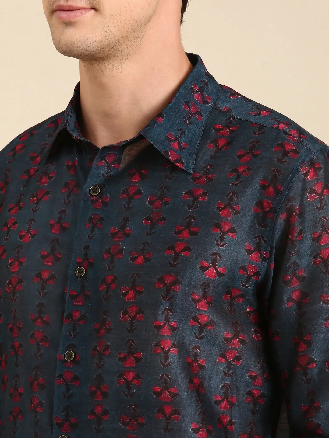 Navy Blue Shirt with Magenta Chanderi Digital Print - MM0846