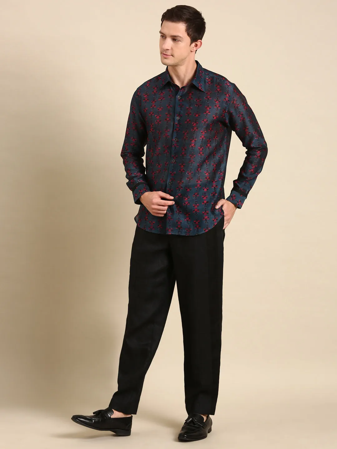 Navy Blue Shirt with Magenta Chanderi Digital Print - MM0846
