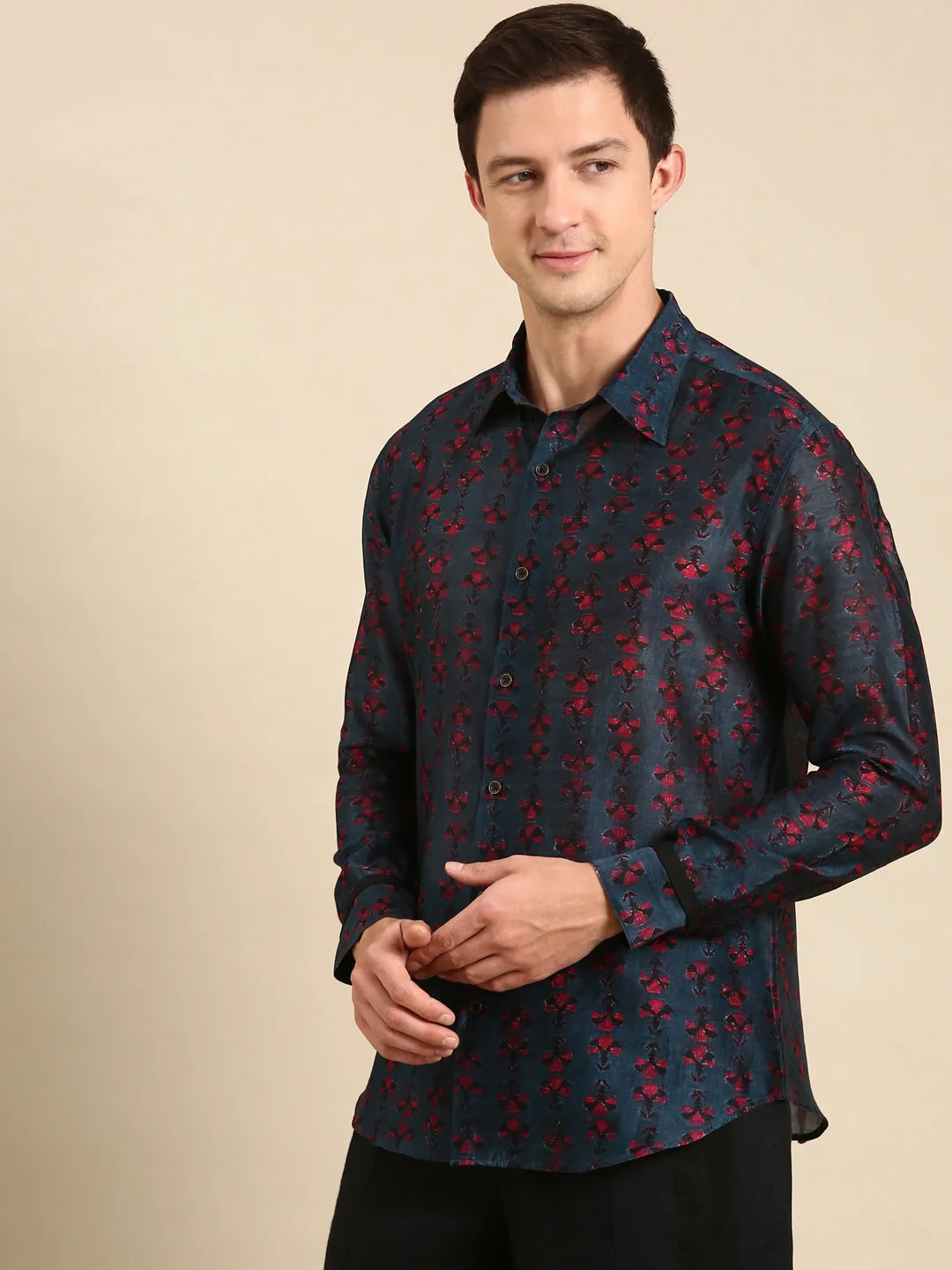 Navy Blue Shirt with Magenta Chanderi Digital Print - MM0846