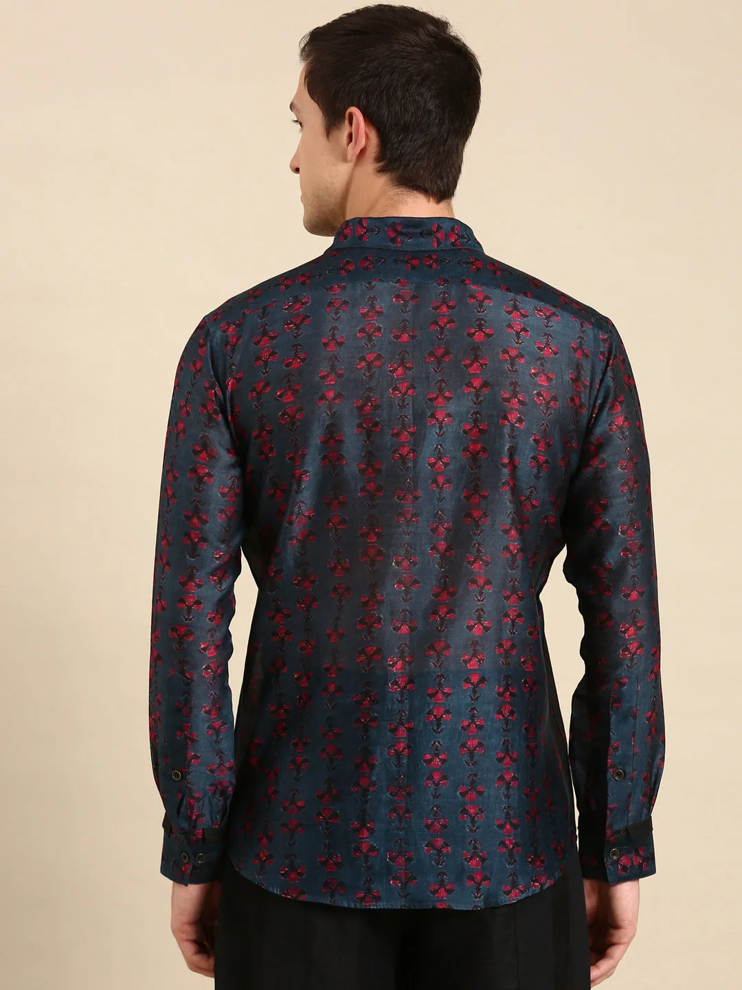 Navy Blue Shirt with Magenta Chanderi Digital Print - MM0846