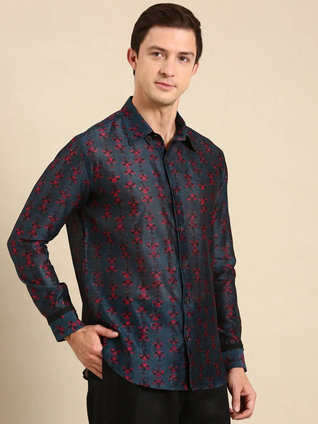 Navy Blue Shirt with Magenta Chanderi Digital Print - MM0846