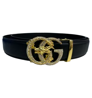 New Luxury Fashion Design Men's Black Belt Diamonds Gold Buckle