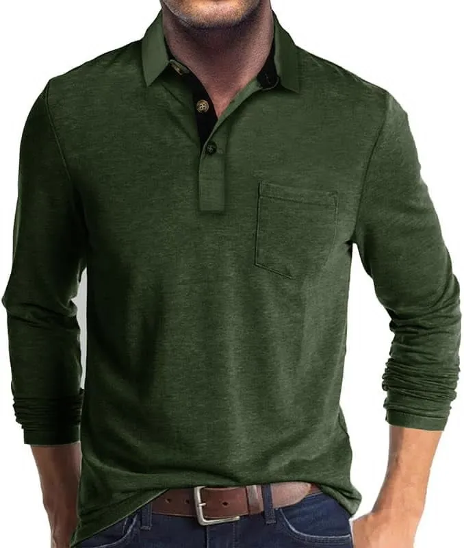 NEW Men's Long Sleeve Polo Shirt with Pocket Solid Stylish Dry Collared Work Golf Hiking Casual Shirt for Men, Sz M, Army Green