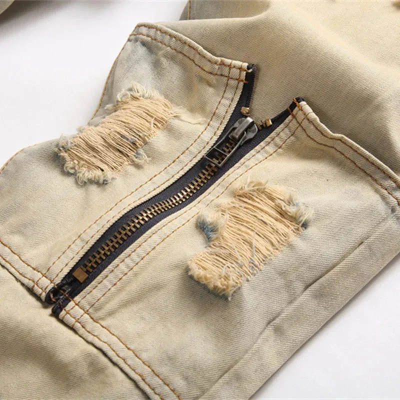 New Men's Punk Ripped Denim Jeans - Multi-Pocket Zipper Mid-Waist Casual Pencil Pants