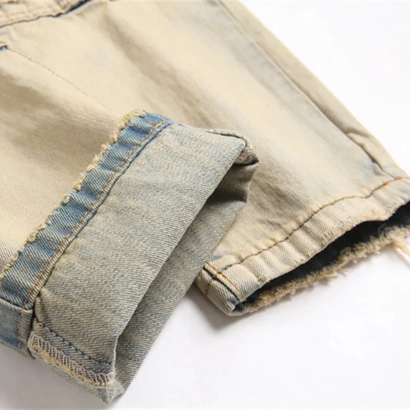 New Men's Punk Ripped Denim Jeans - Multi-Pocket Zipper Mid-Waist Casual Pencil Pants