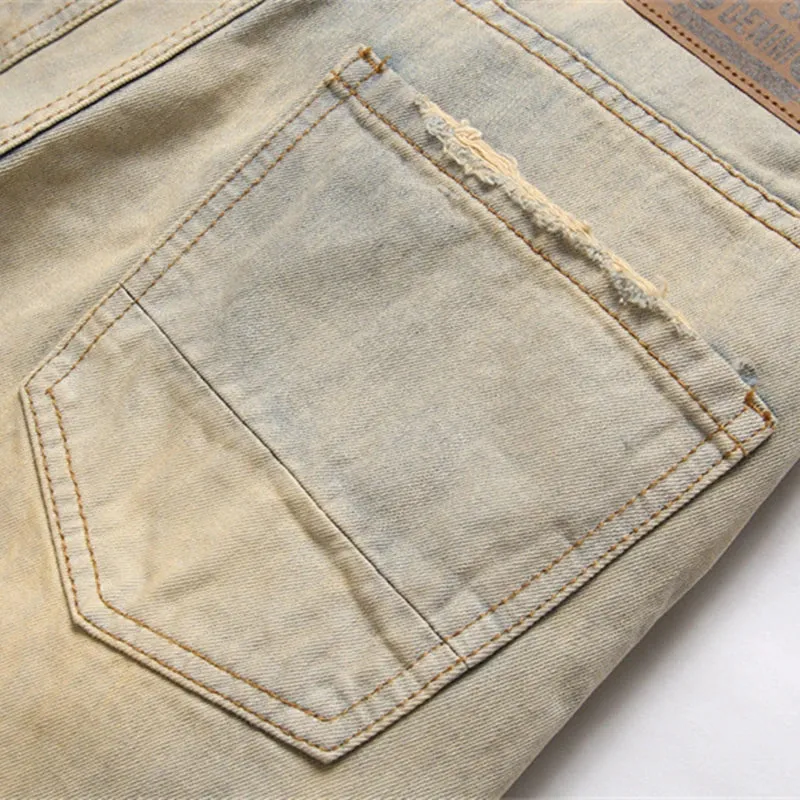 New Men's Punk Ripped Denim Jeans - Multi-Pocket Zipper Mid-Waist Casual Pencil Pants