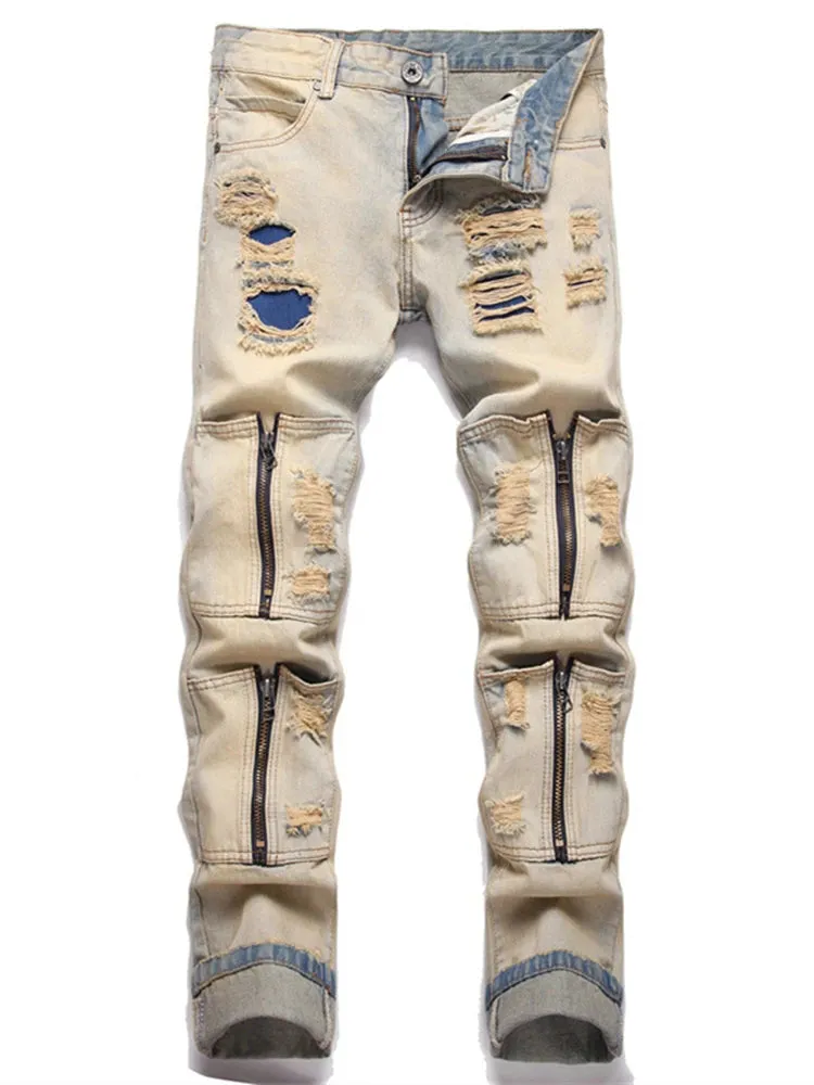 New Men's Punk Ripped Denim Jeans - Multi-Pocket Zipper Mid-Waist Casual Pencil Pants