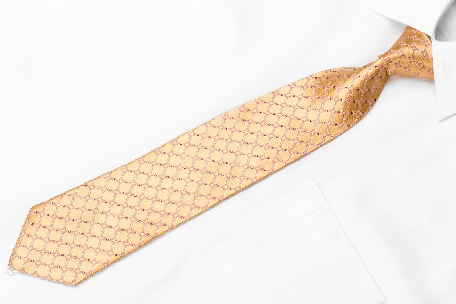 Nicole St Giles Men's Crystal Silk Necktie Pink Geometric On Peach Orange With Silver Sparkles