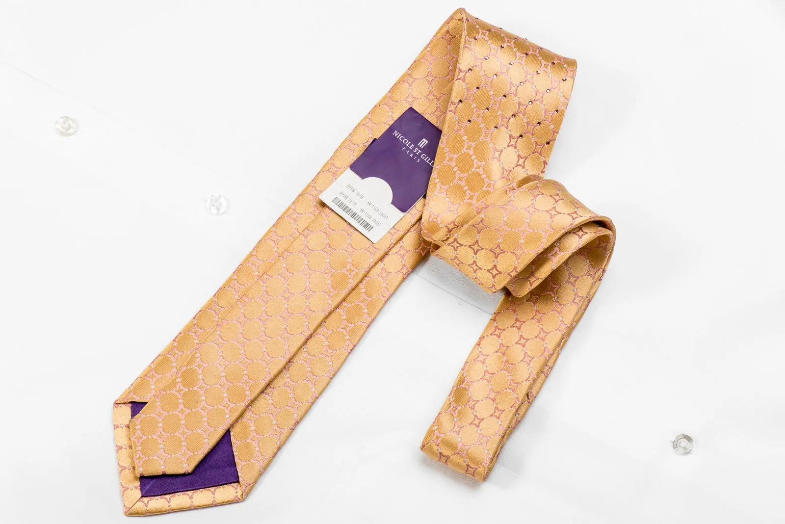 Nicole St Giles Men's Crystal Silk Necktie Pink Geometric On Peach Orange With Silver Sparkles