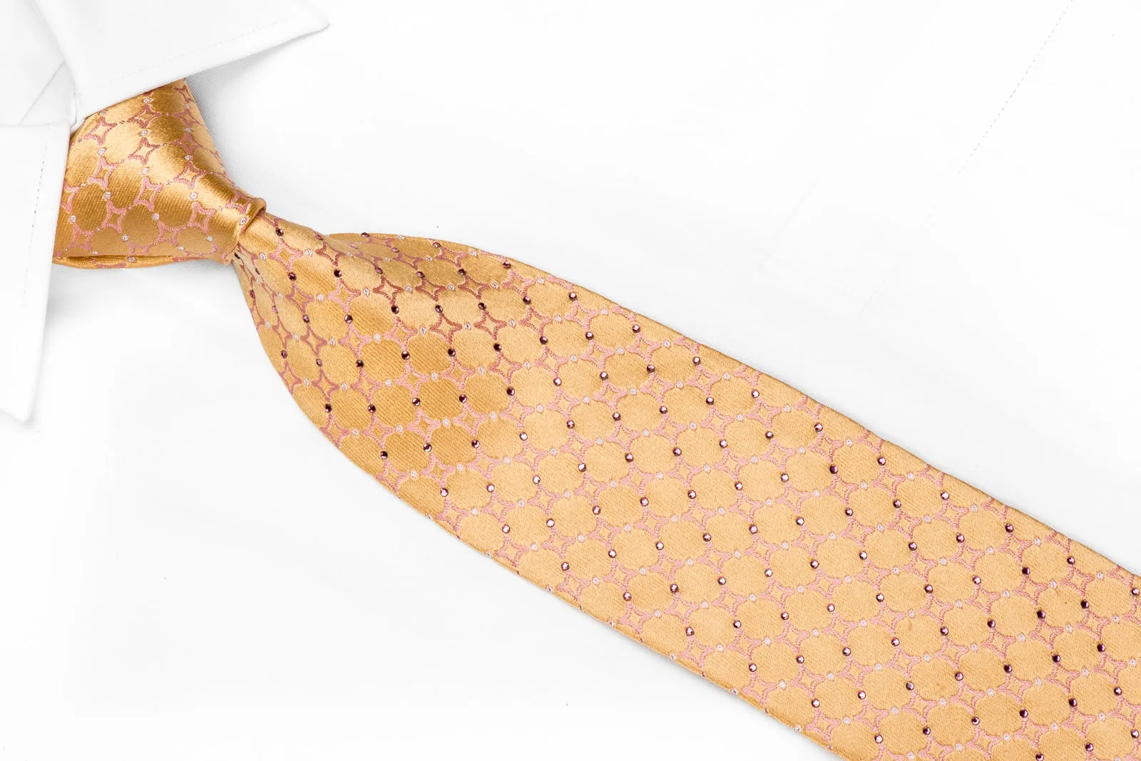 Nicole St Giles Men's Crystal Silk Necktie Pink Geometric On Peach Orange With Silver Sparkles