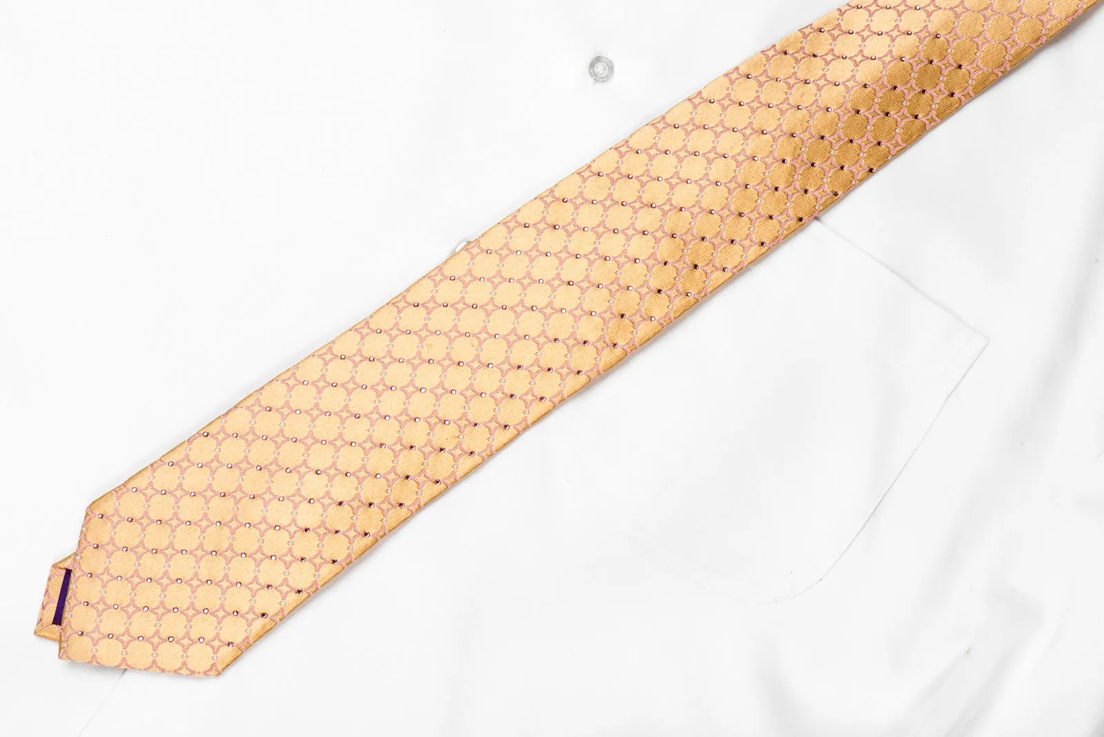 Nicole St Giles Men's Crystal Silk Necktie Pink Geometric On Peach Orange With Silver Sparkles