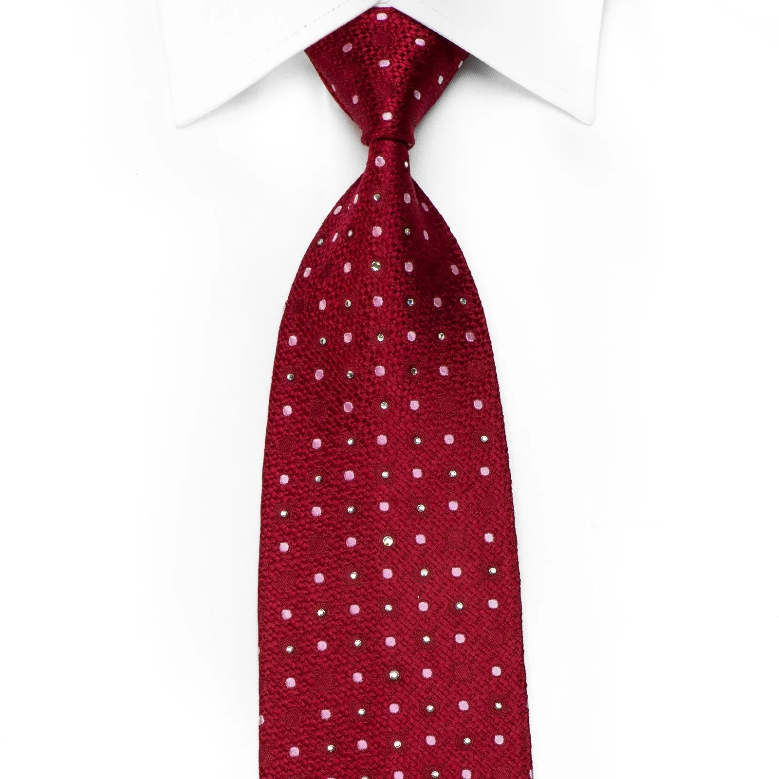 Nina Ricci Men's Crystal Silk Necktie Mauve Dots On Burgundy Sparkling With Rhinestones