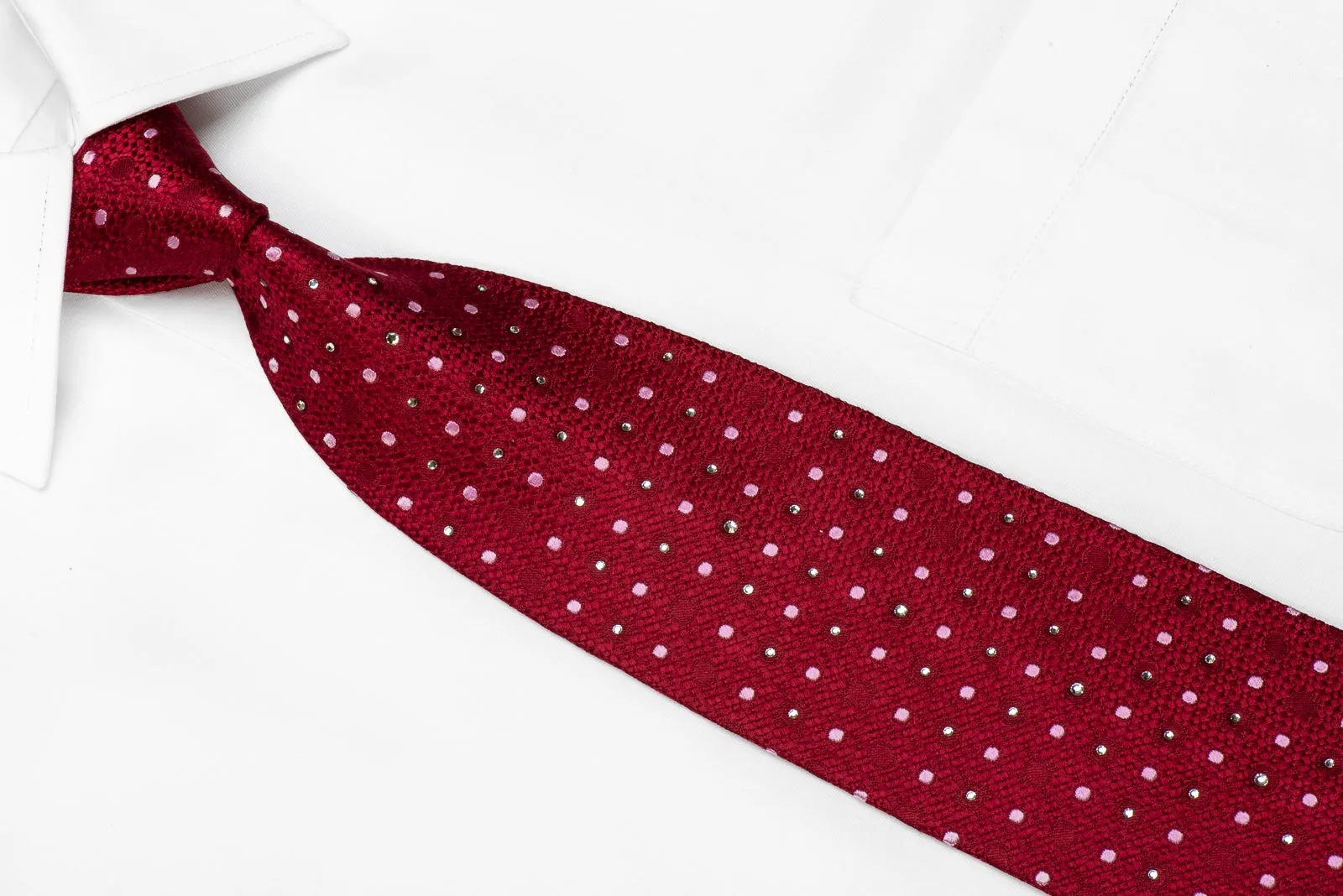 Nina Ricci Men's Crystal Silk Necktie Mauve Dots On Burgundy Sparkling With Rhinestones