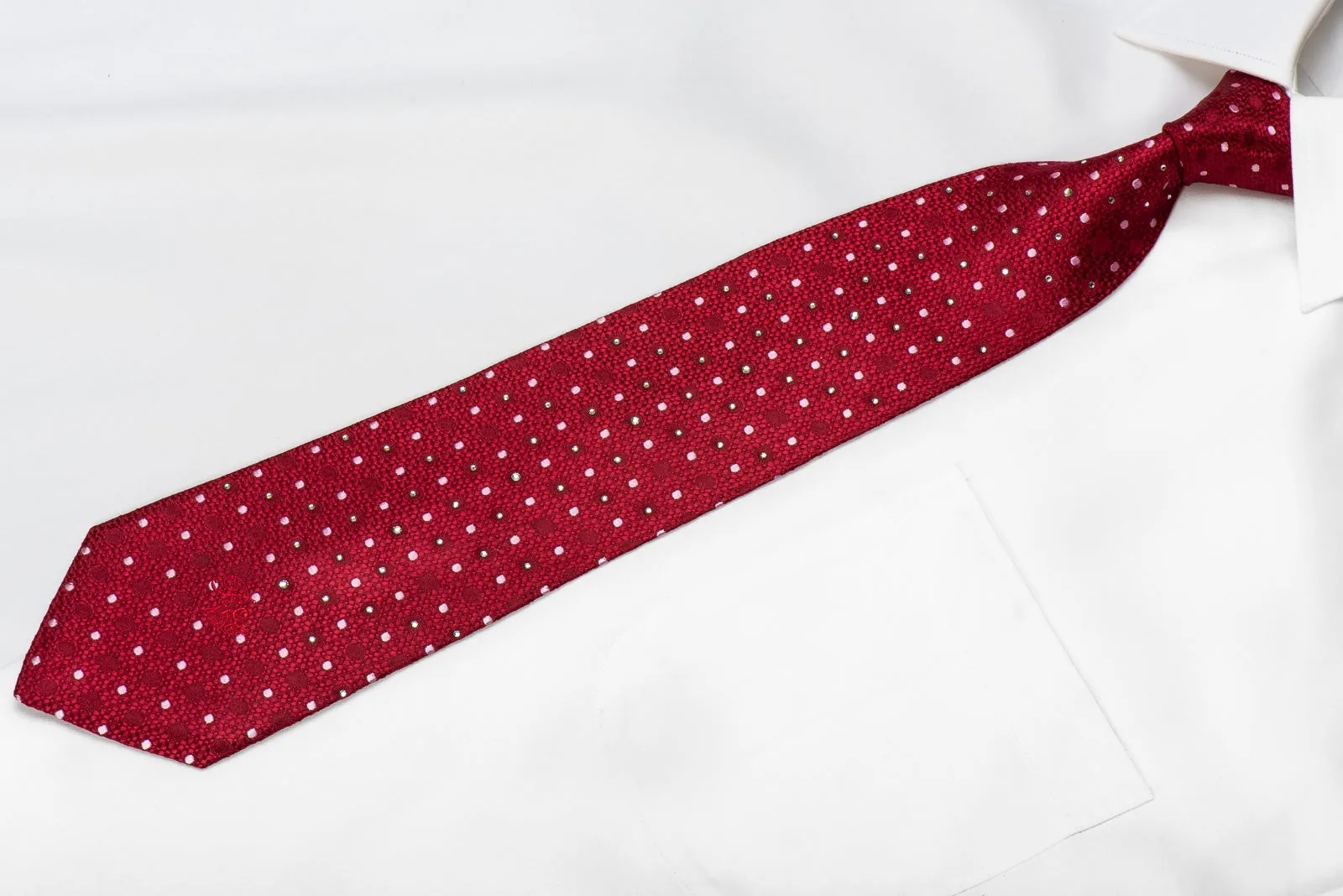 Nina Ricci Men's Crystal Silk Necktie Mauve Dots On Burgundy Sparkling With Rhinestones