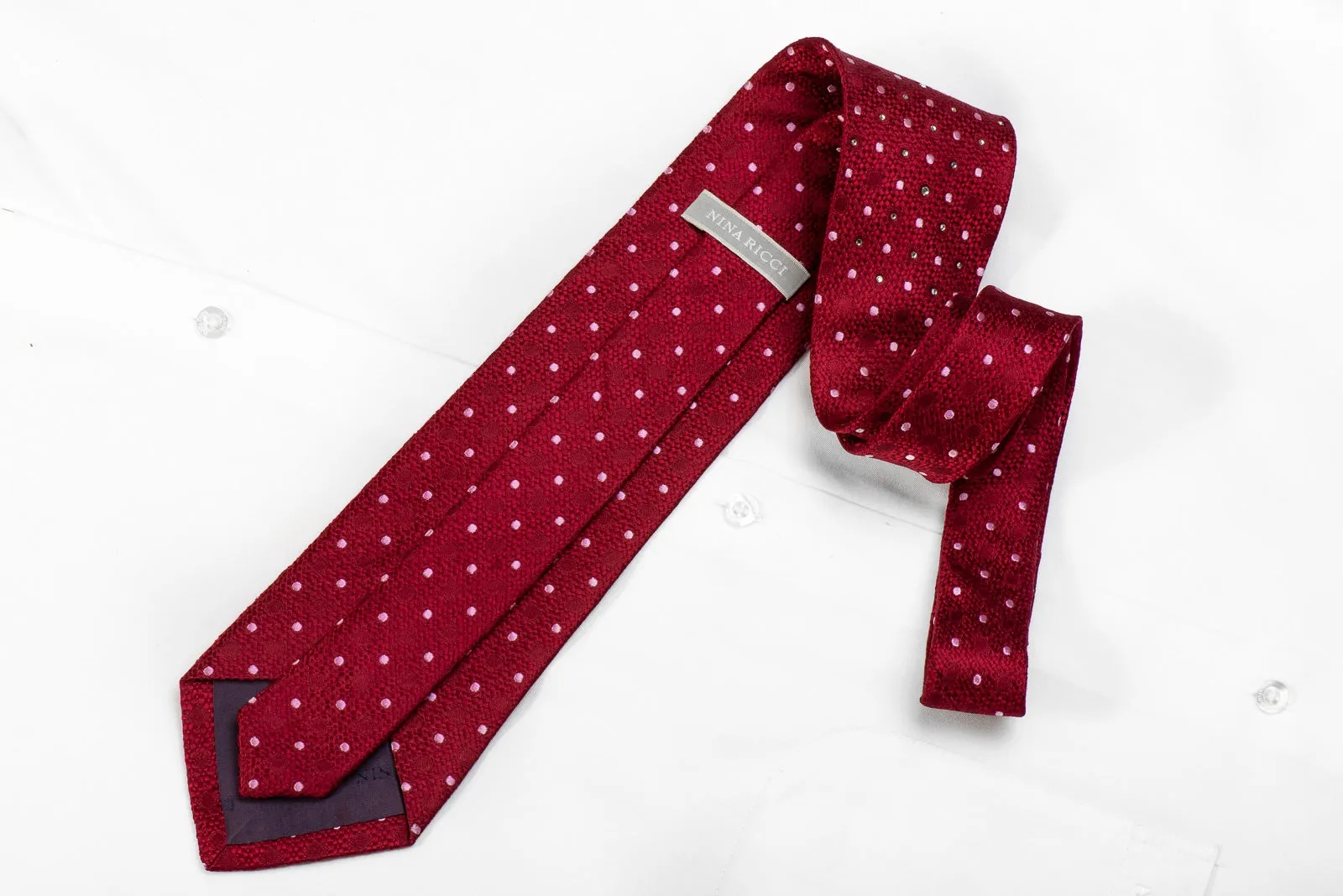 Nina Ricci Men's Crystal Silk Necktie Mauve Dots On Burgundy Sparkling With Rhinestones
