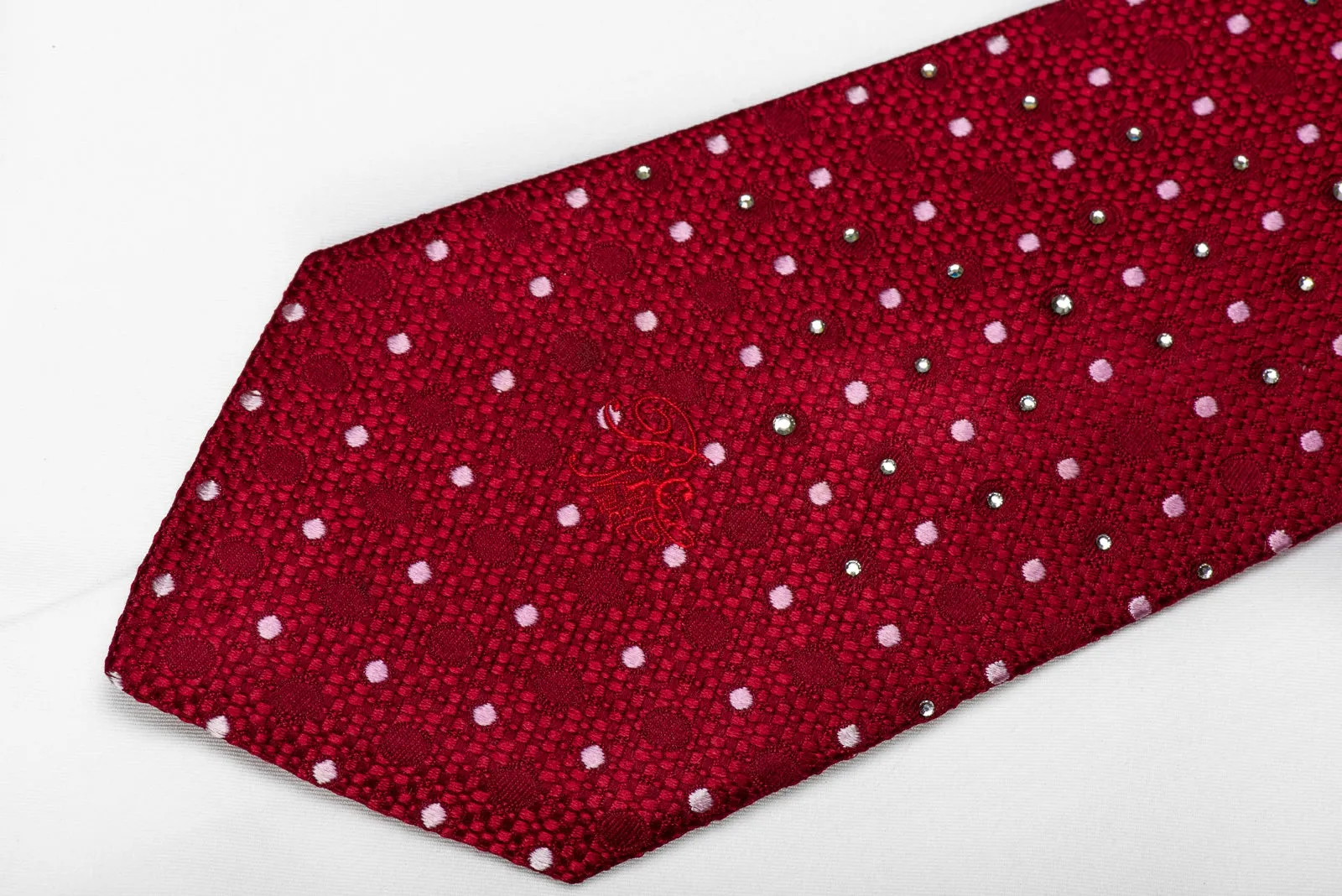 Nina Ricci Men's Crystal Silk Necktie Mauve Dots On Burgundy Sparkling With Rhinestones