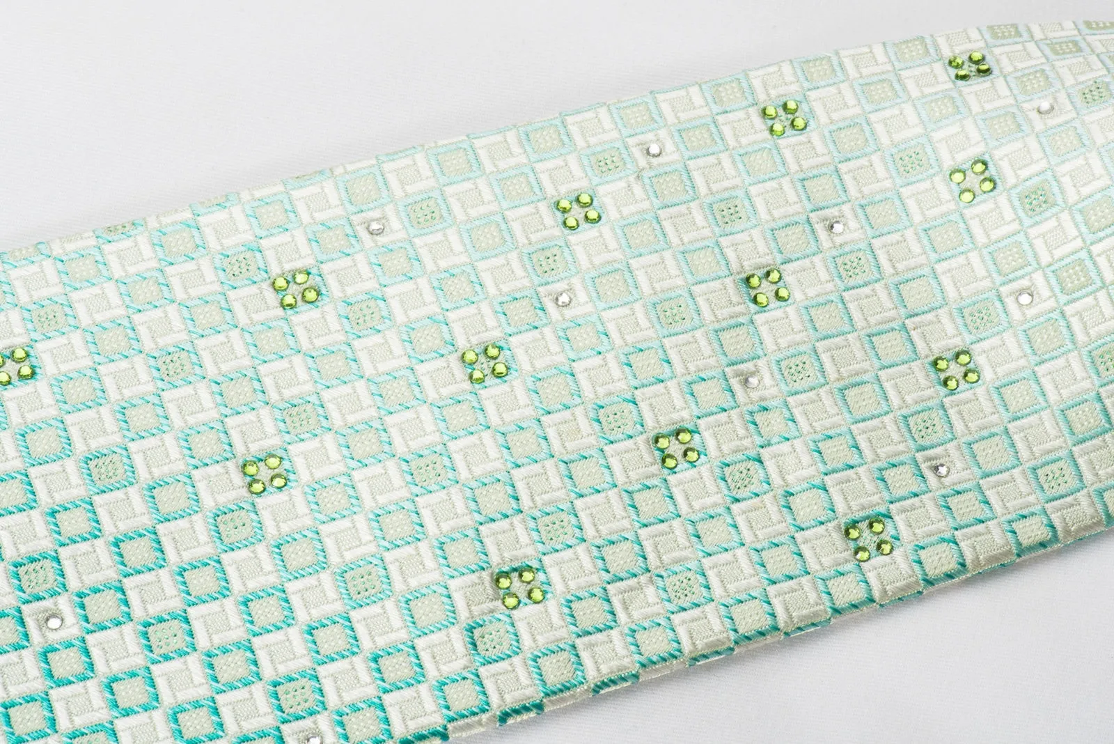 Nina Ricci Rhinestone Silk Necktie Green White Checkered With Silver Sparkles