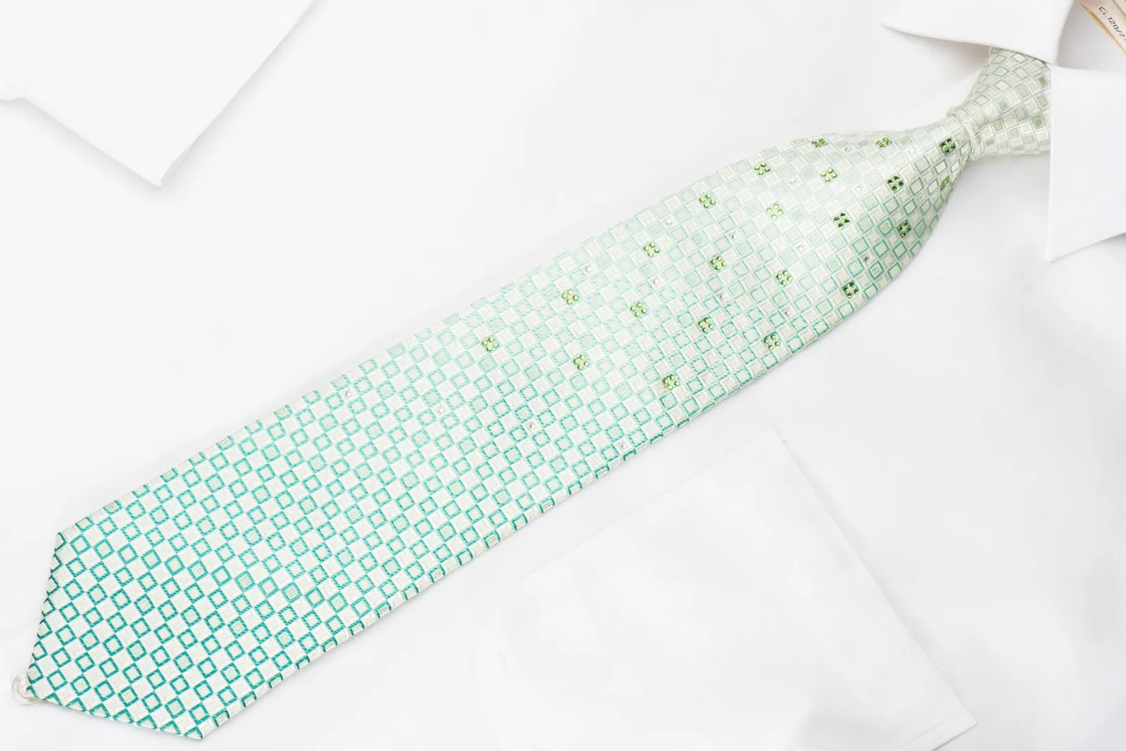 Nina Ricci Rhinestone Silk Necktie Green White Checkered With Silver Sparkles