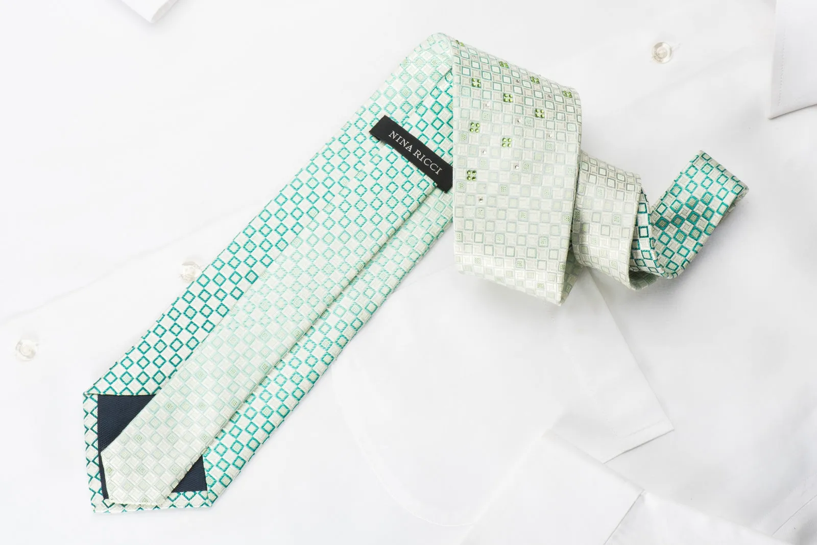 Nina Ricci Rhinestone Silk Necktie Green White Checkered With Silver Sparkles