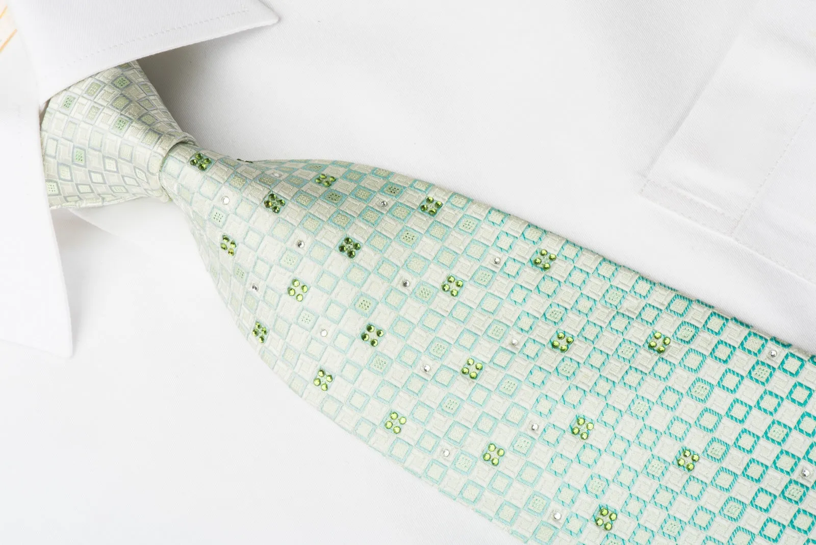 Nina Ricci Rhinestone Silk Necktie Green White Checkered With Silver Sparkles
