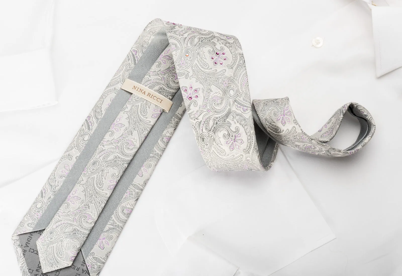 Nina Ricci Silk Rhinestone Necktie Anthemion On Silver With Sparkles