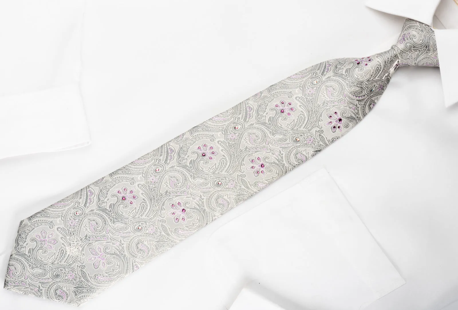 Nina Ricci Silk Rhinestone Necktie Anthemion On Silver With Sparkles