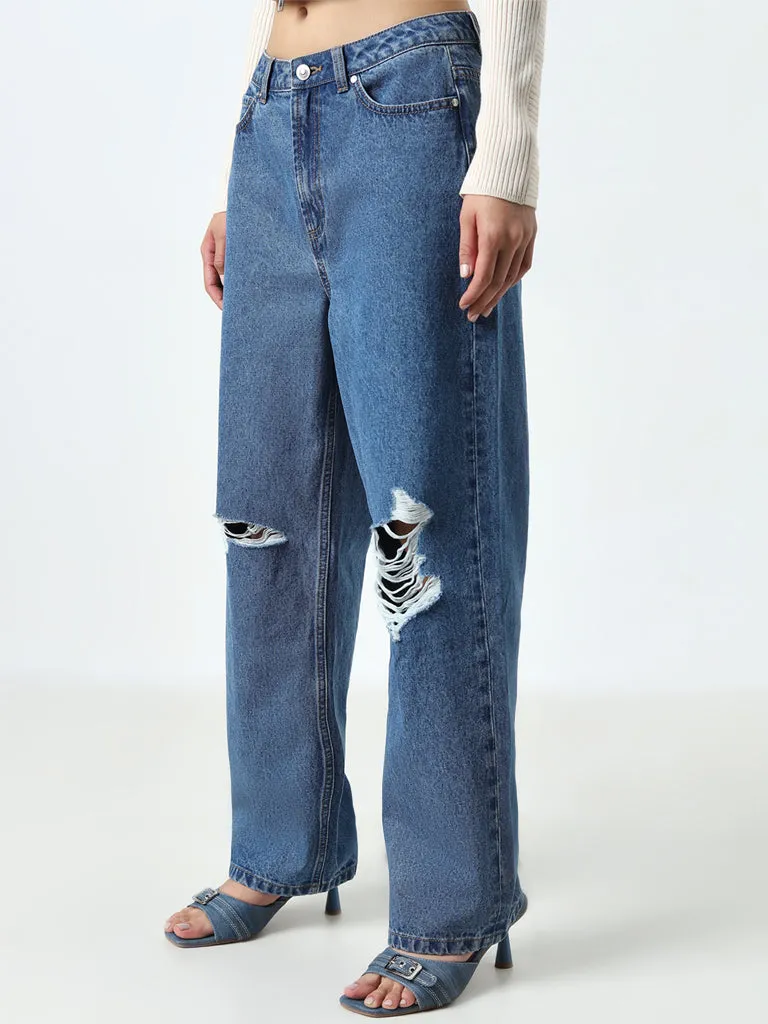 Nuon Blue Ripped Relaxed - Fit High - Rise Jeans