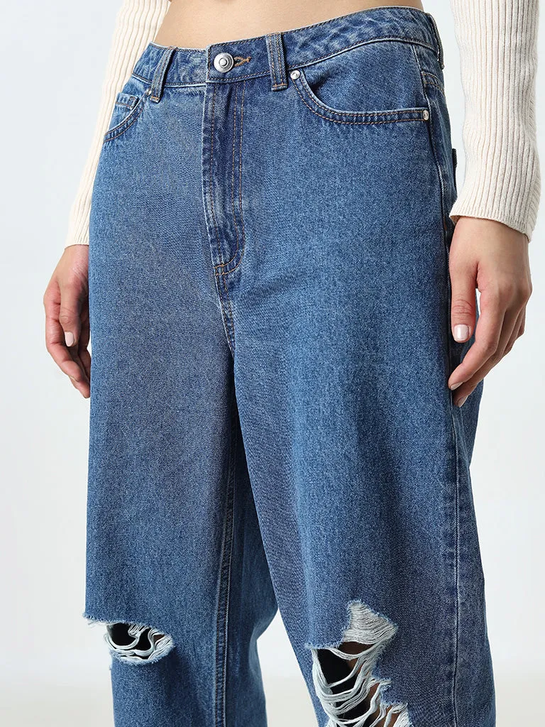 Nuon Blue Ripped Relaxed - Fit High - Rise Jeans