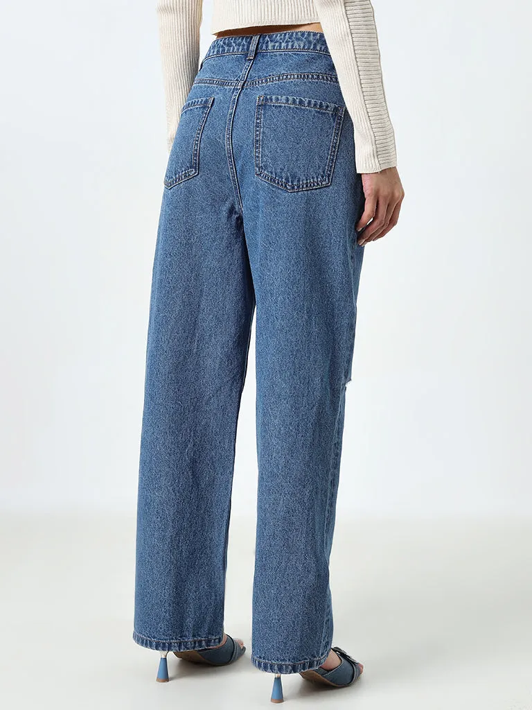 Nuon Blue Ripped Relaxed - Fit High - Rise Jeans