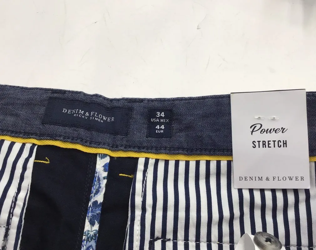 NWT Denim & Flower Men's Navy Blue Palm Tree Power Stretch Chino Shorts- Size 34