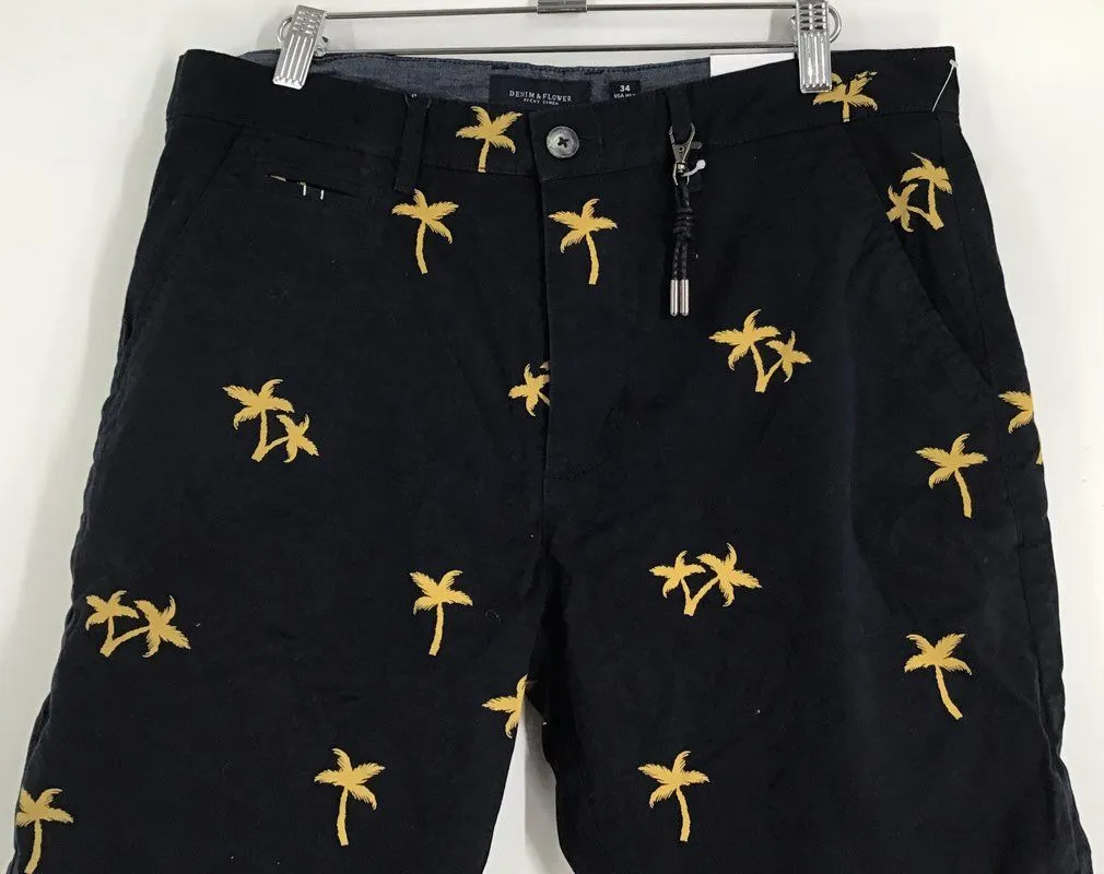 NWT Denim & Flower Men's Navy Blue Palm Tree Power Stretch Chino Shorts- Size 34