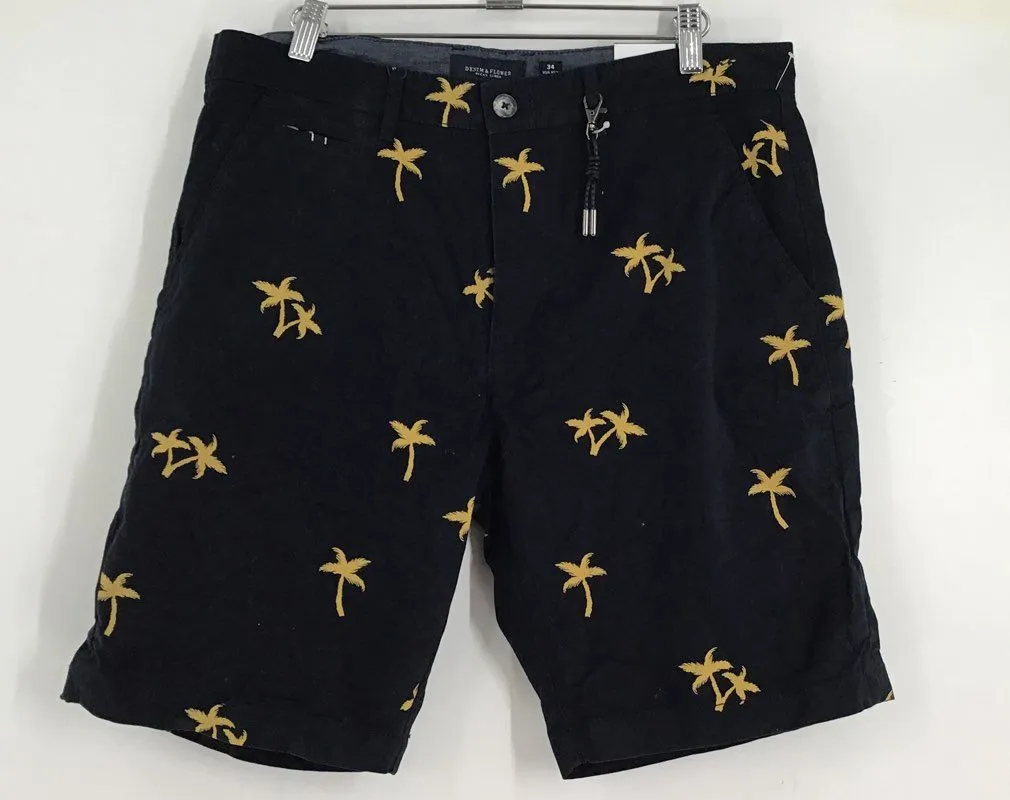 NWT Denim & Flower Men's Navy Blue Palm Tree Power Stretch Chino Shorts- Size 34
